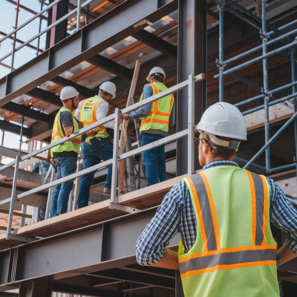 Inicio engineer technician watching team workers high steel platform construction siteengineer wo